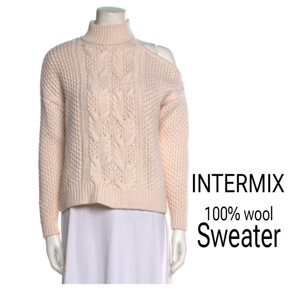 Intermix 100% Wool Blush Cream Turtleneck Sweater With Shoulder Cut Out BRITTA M